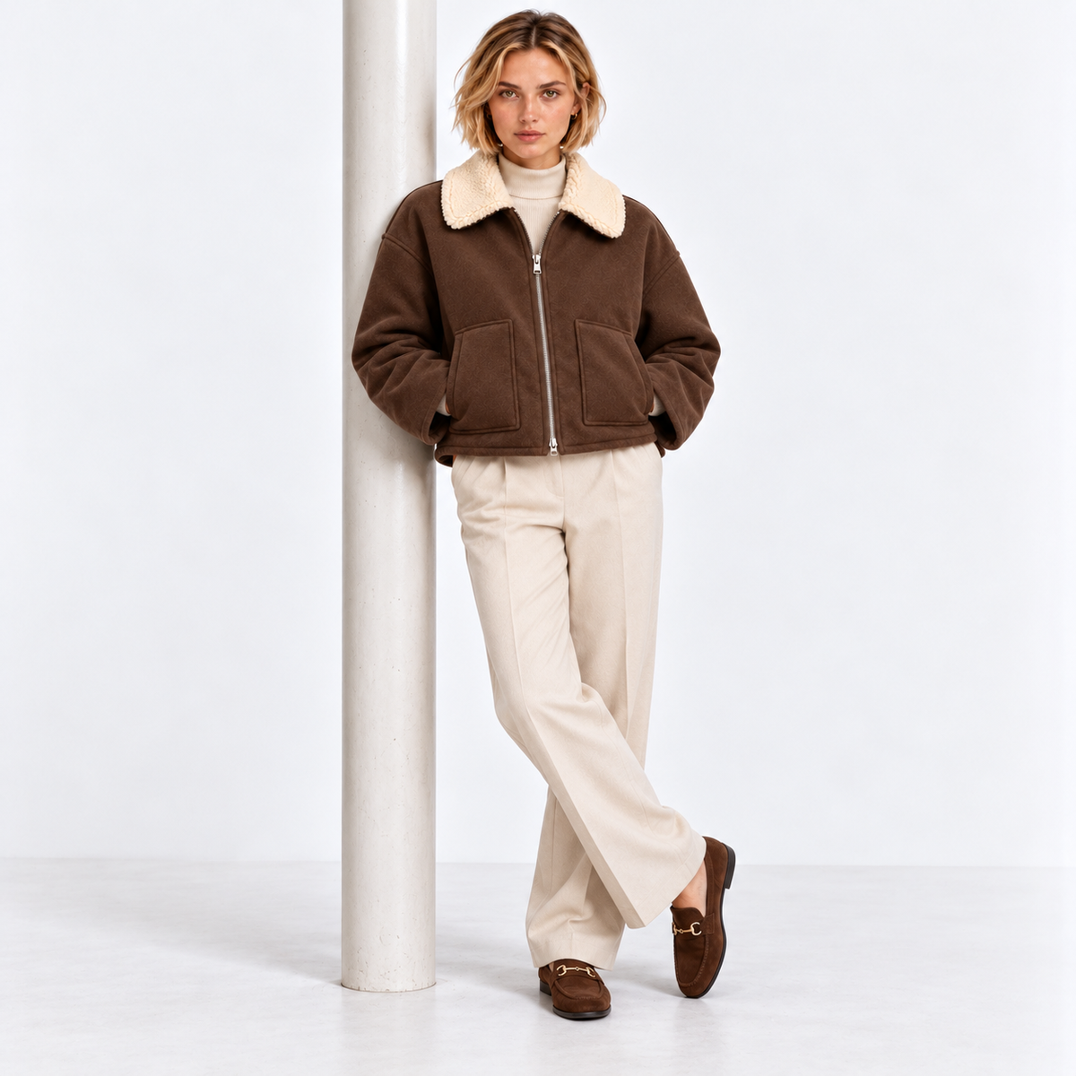 Woman wearing a brown shearling collar jacket with cream trousers