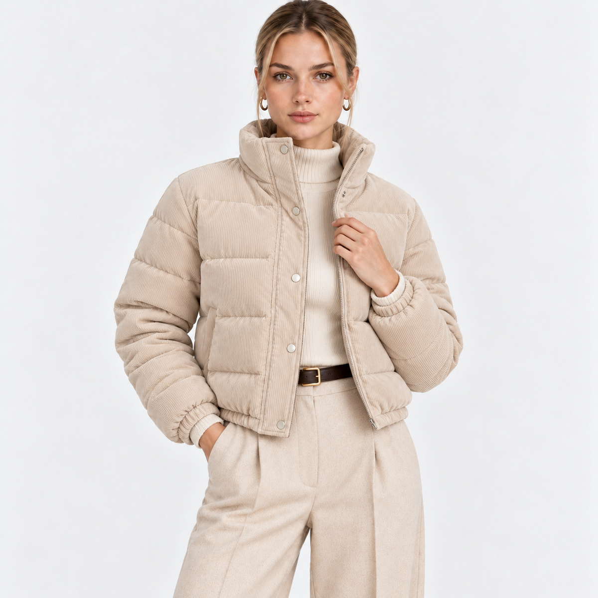 Women's beige quilted puffer jacket with high collar, snap buttons, and front pockets