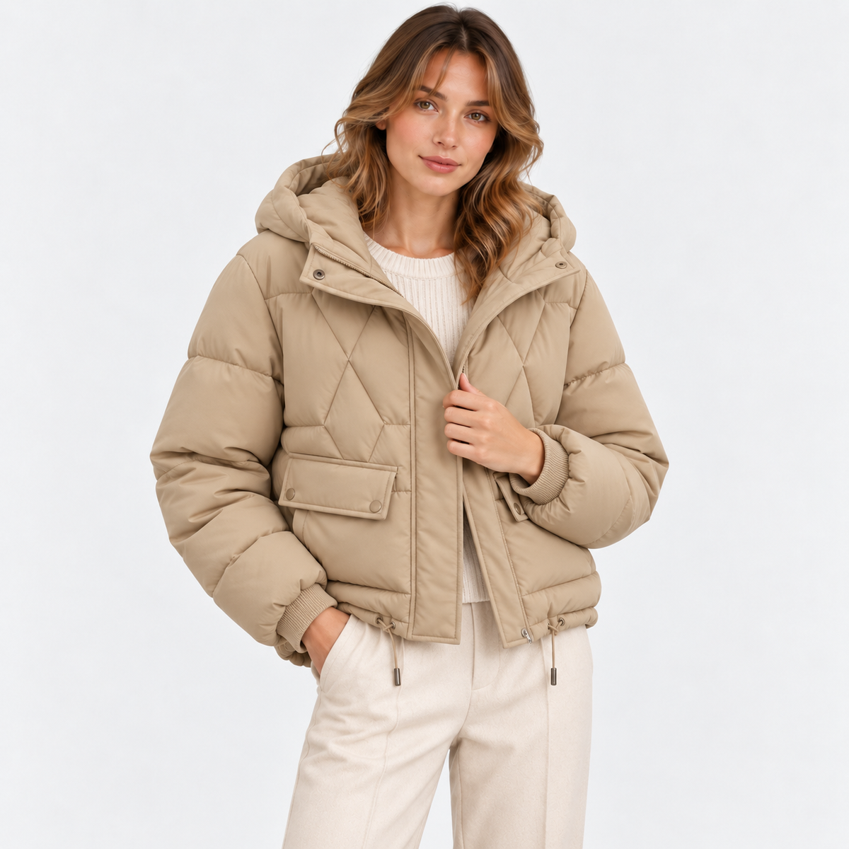 Women's beige quilted puffer jacket with hood and front pockets