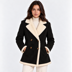 Women's black shearling coat with cream faux fur lapels and double-breasted buttons