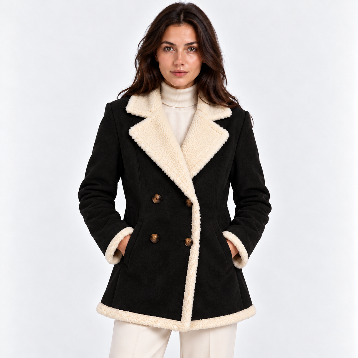 Women's black shearling coat with cream faux fur lapels and double-breasted buttons