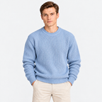 Men's light blue ribbed knit crew neck sweater with long sleeves