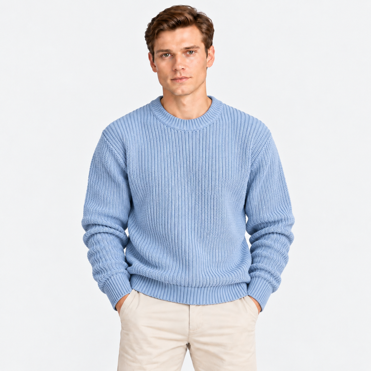 Men's light blue ribbed knit crew neck sweater with long sleeves