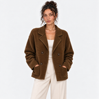 Women's brown double-breasted knit blazer with notched lapels and front pockets