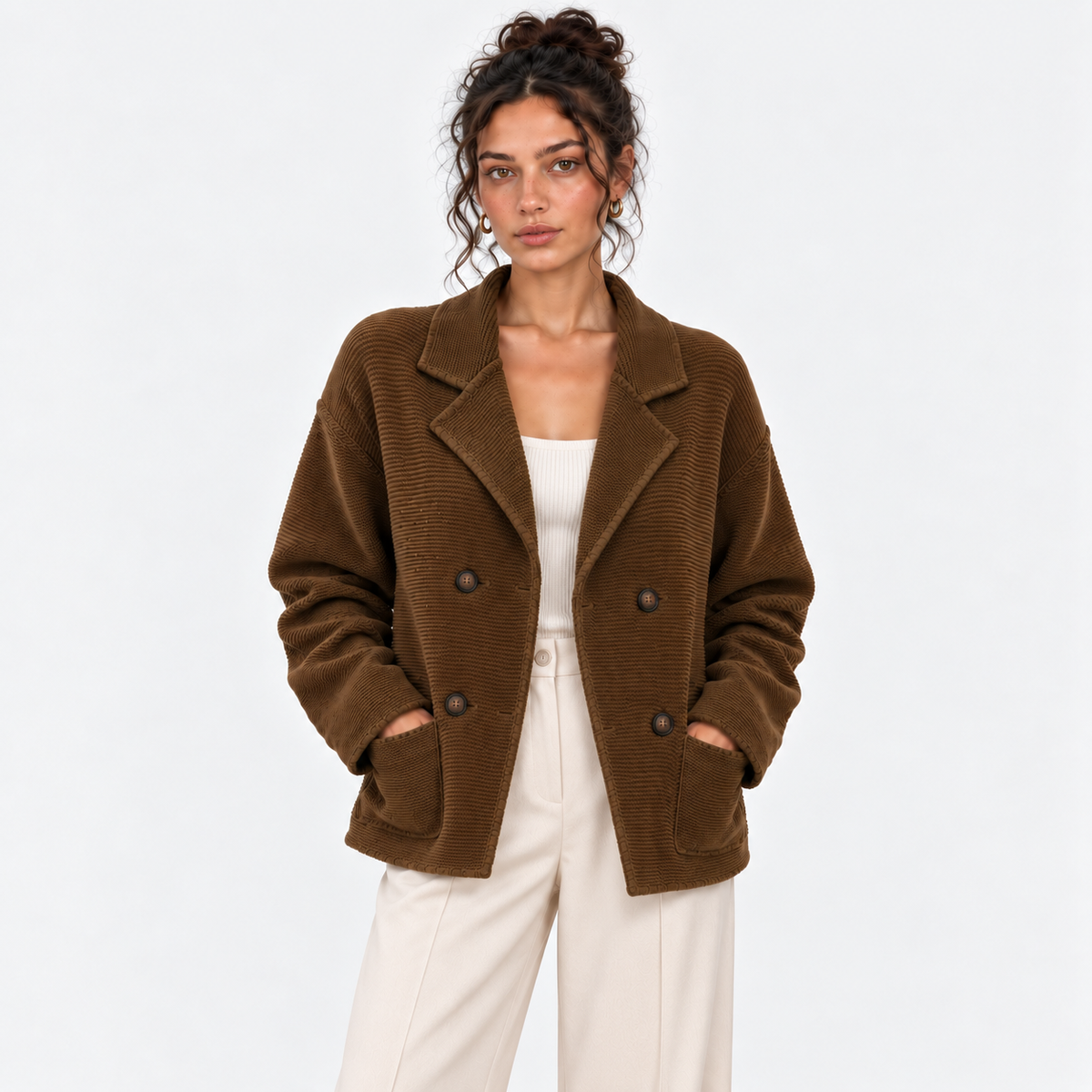 Women's brown double-breasted knit blazer with notched lapels and front pockets
