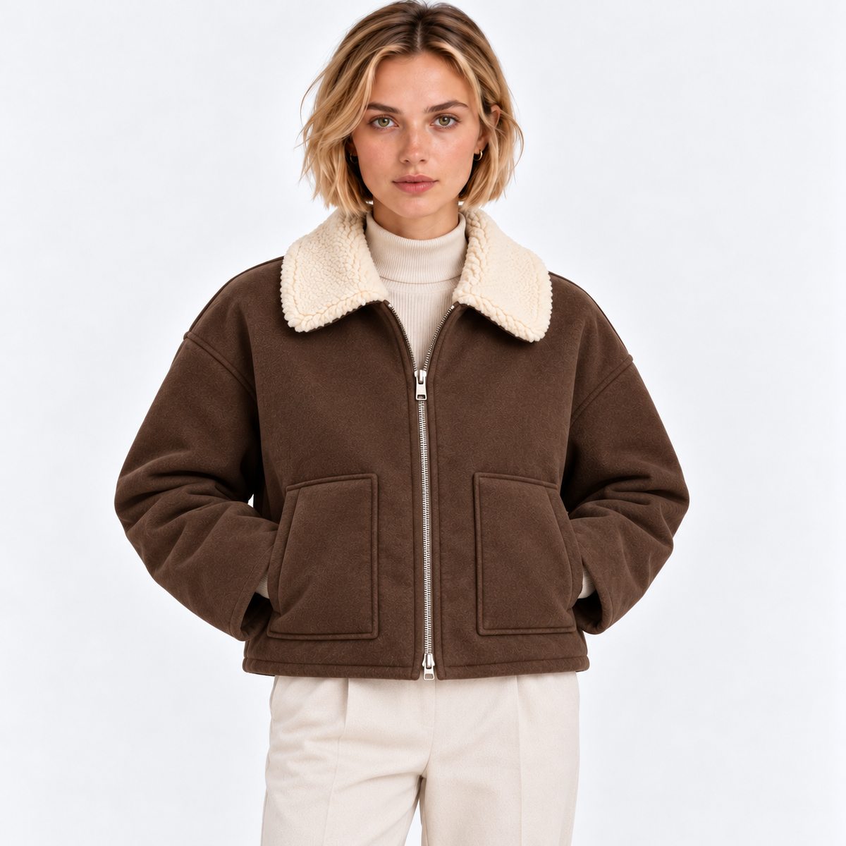 Women's brown shearling collar jacket with front zipper, large pockets, and relaxed fit