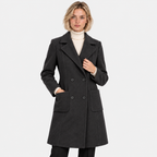 Women's dark gray double-breasted wool coat with notched lapels and front pockets
