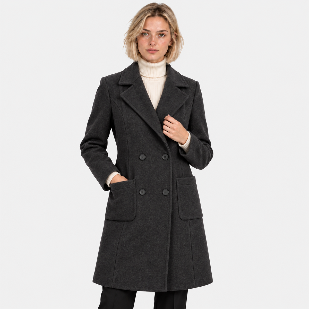 Women's dark gray double-breasted wool coat with notched lapels and front pockets