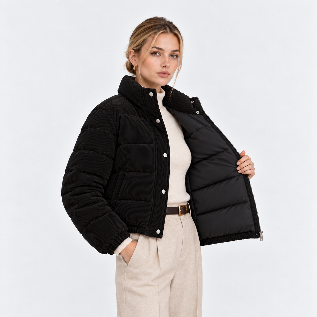 Side view of a woman wearing a black quilted puffer jacket with high collar and snap buttons