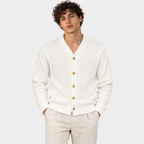 Men's cream ribbed knit cardigan with V-neckline and button closure