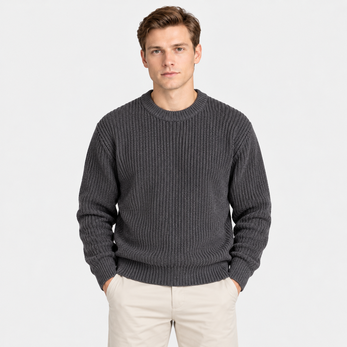 Men's charcoal gray ribbed knit crew neck sweater with long sleeves