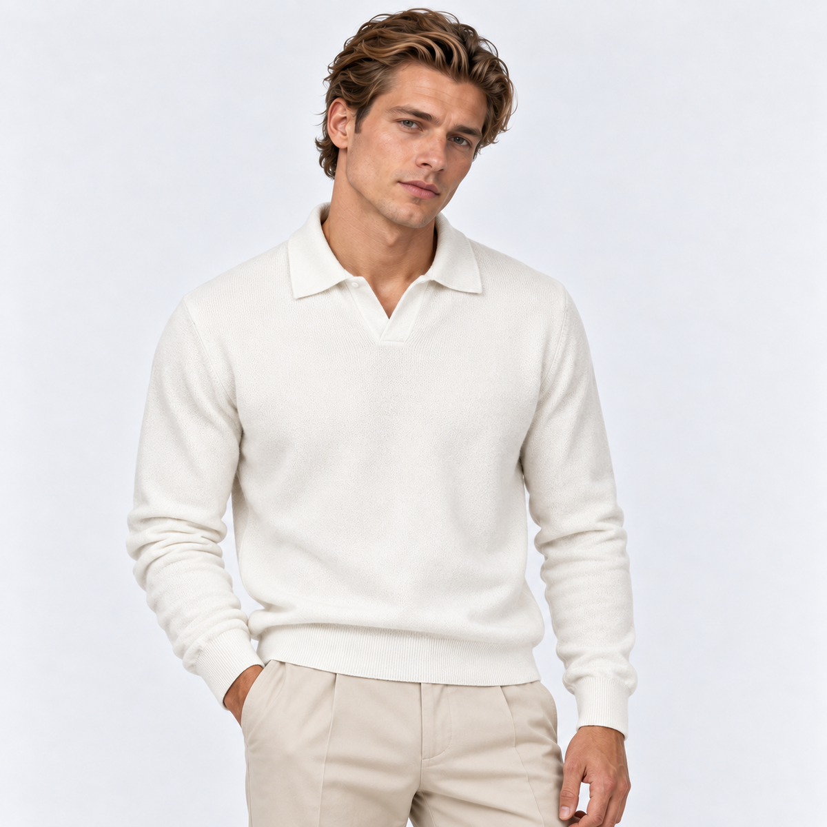Men's Knit Polo Sweater – Open Collar Long Sleeve Pullover