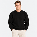 Men's black ribbed knit crew neck sweater with long sleeves