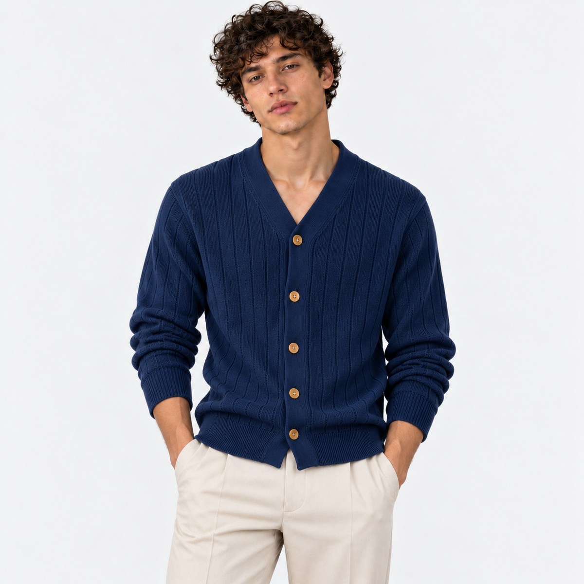 Men's navy blue ribbed knit cardigan with V-neckline and button closure