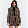 Women's brown plaid blazer with notched lapels, double-breasted buttons, and tailored fit