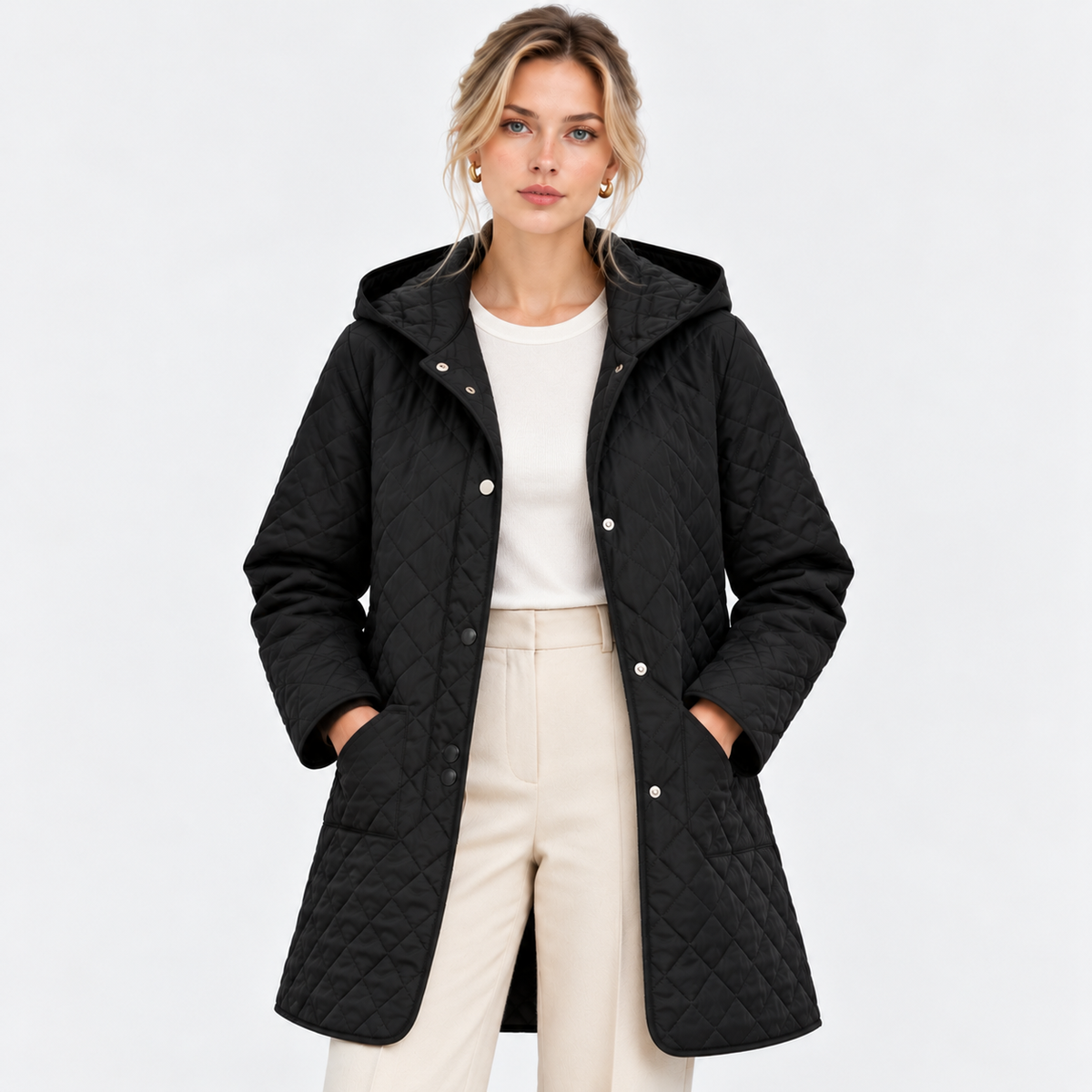 A woman modeling a black quilted hooded jacket with silver snap buttons, worn over a white top and cream trousers, against a plain light gray studio background.