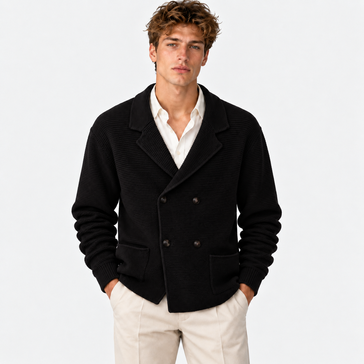 Men's Double Breasted Knit Cardigan – Lapel Collar Sweater