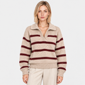 Women's beige striped knit sweater with burgundy horizontal stripes and collared neckline