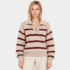Women's beige striped knit sweater with burgundy horizontal stripes and collared neckline