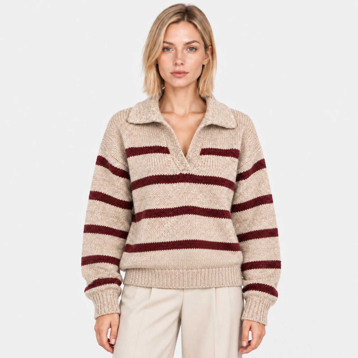 Women's beige striped knit sweater with burgundy horizontal stripes and collared neckline