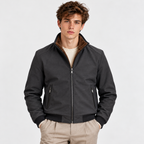 Men's charcoal gray bomber jacket with brown corduroy collar, front zipper, and side pockets