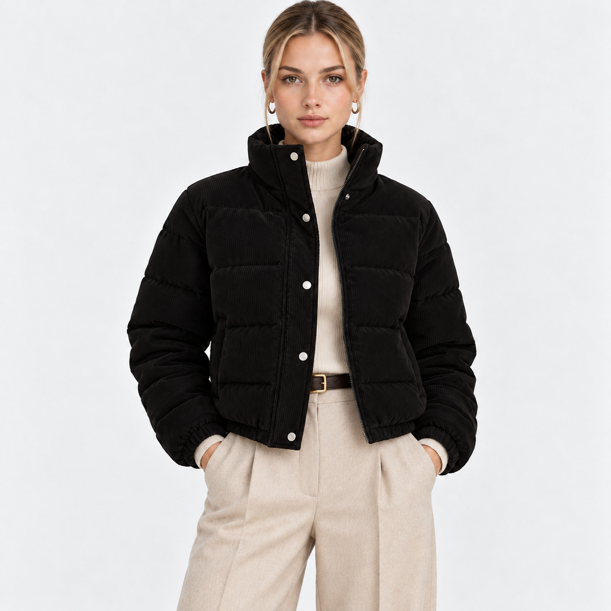 Women's black quilted puffer jacket with high collar, snap buttons, and front pockets