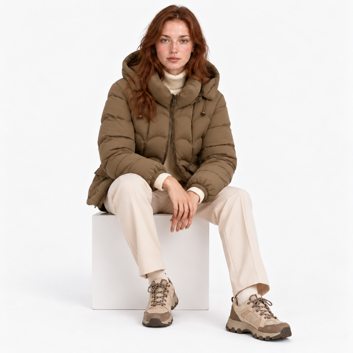 Woman wearing a taupe brown hooded puffer jacket with cream trousers while seated