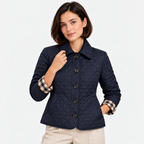 Women's navy blue quilted jacket with pointed collar and button closure