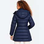 Back view of a women's navy blue quilted puffer coat with stand collar