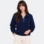 1. Women's navy blue knit polo sweater with collared neckline and button placket