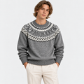 Men's gray Fair Isle knit sweater with patterned yoke and crew neckline