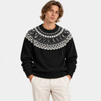 Men's black Fair Isle knit sweater with white patterned yoke and crew neckline