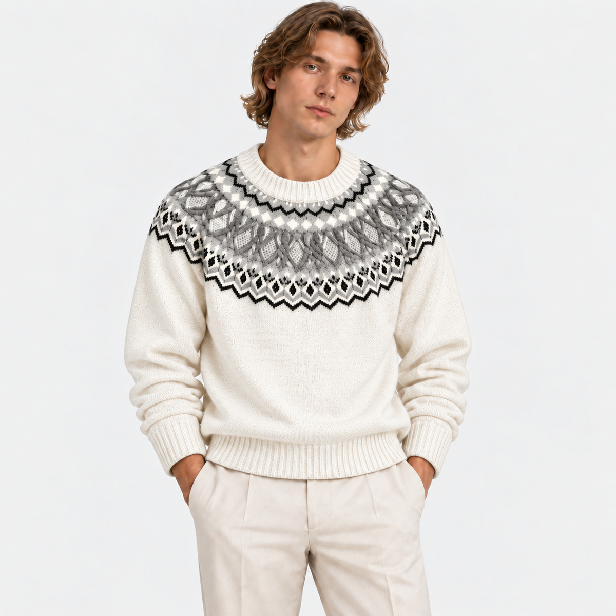 Men's cream Fair Isle knit sweater with gray patterned yoke and crew neckline