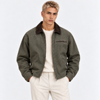 Men's olive green jacket with brown corduroy collar, front zipper, and chest pocket