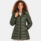 Women's olive green quilted puffer coat with stand collar and front pockets