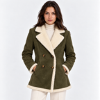 Women's olive green shearling coat with cream faux fur collar and front pockets