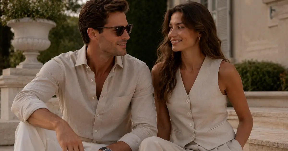 Man and woman sitting together outdoors in formal attire