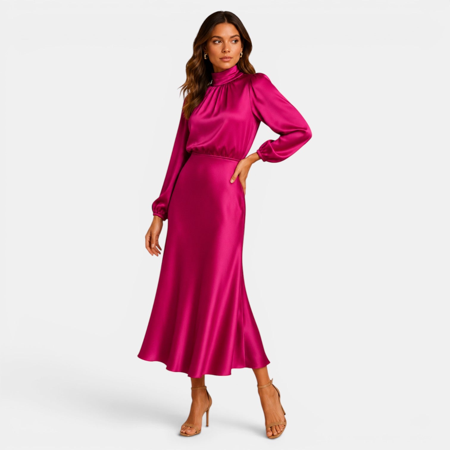 Woman wearing a pink satin outfit on a white background