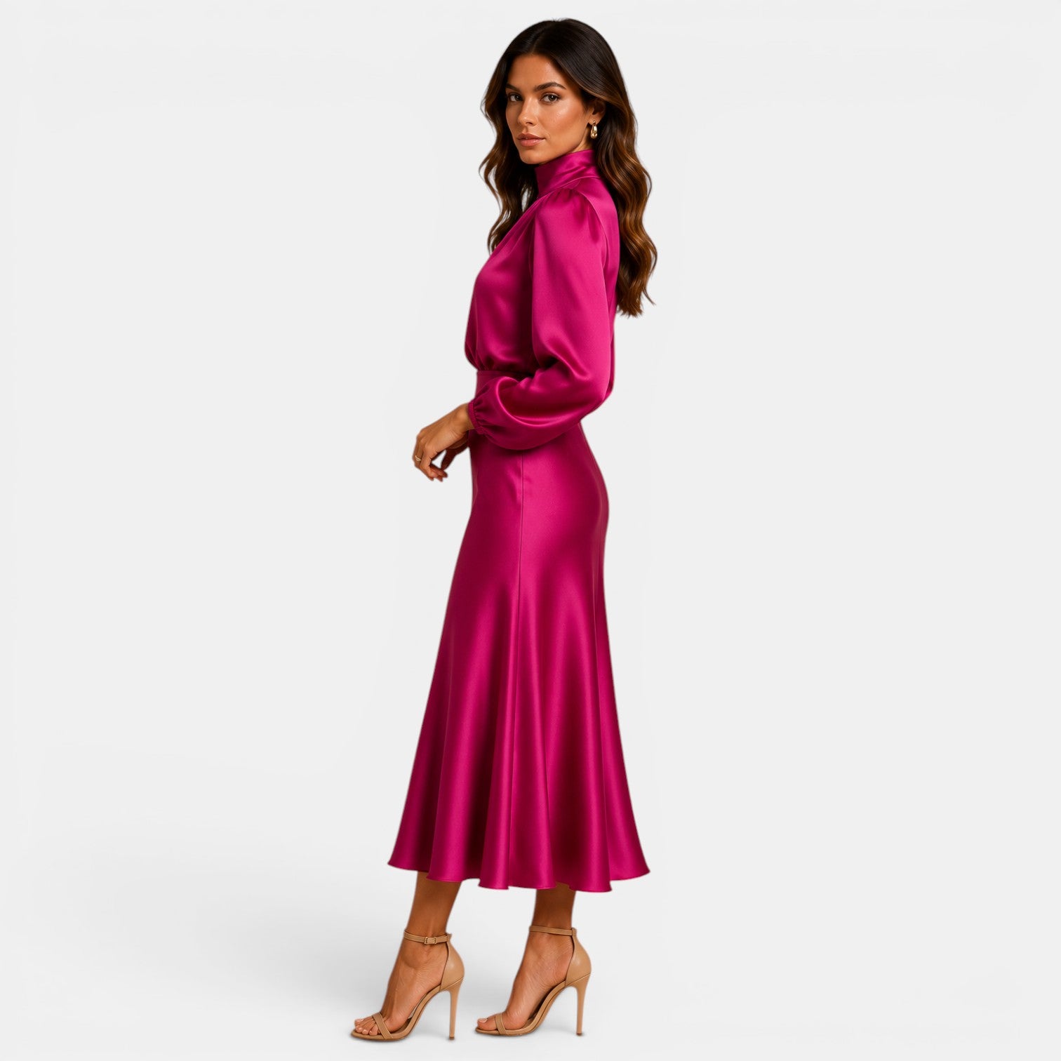 Woman wearing a pink satin dress on a white background