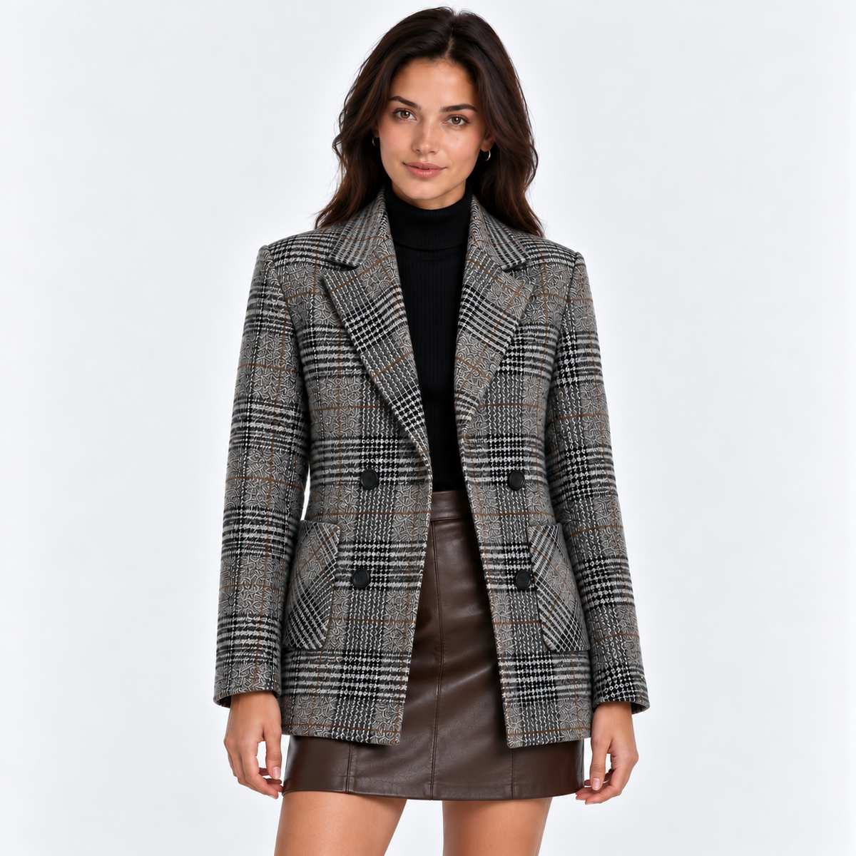 Women's dark gray plaid blazer with notched lapels and double-breasted buttons