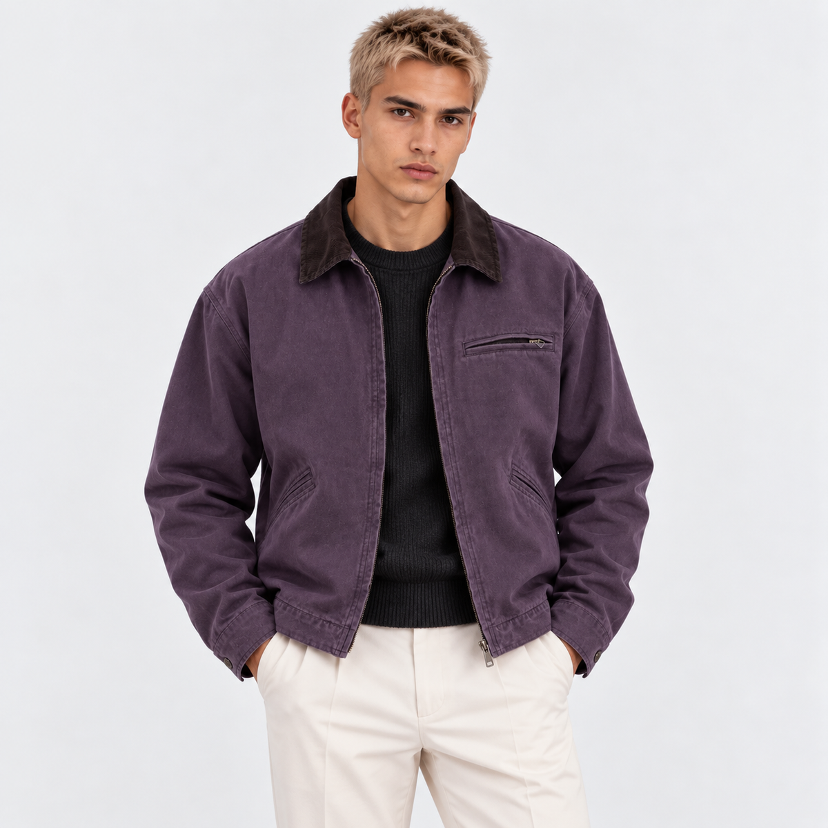 Men's dark purple bomber jacket with corduroy collar and front pockets