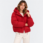1. Women's red quilted puffer jacket with hood and front pockets