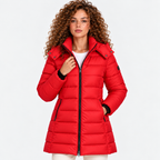 Women's red quilted puffer coat with stand collar and front zipper