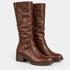 Women's dark brown knee-high boots with side zipper, decorative buckle strap, and block heels