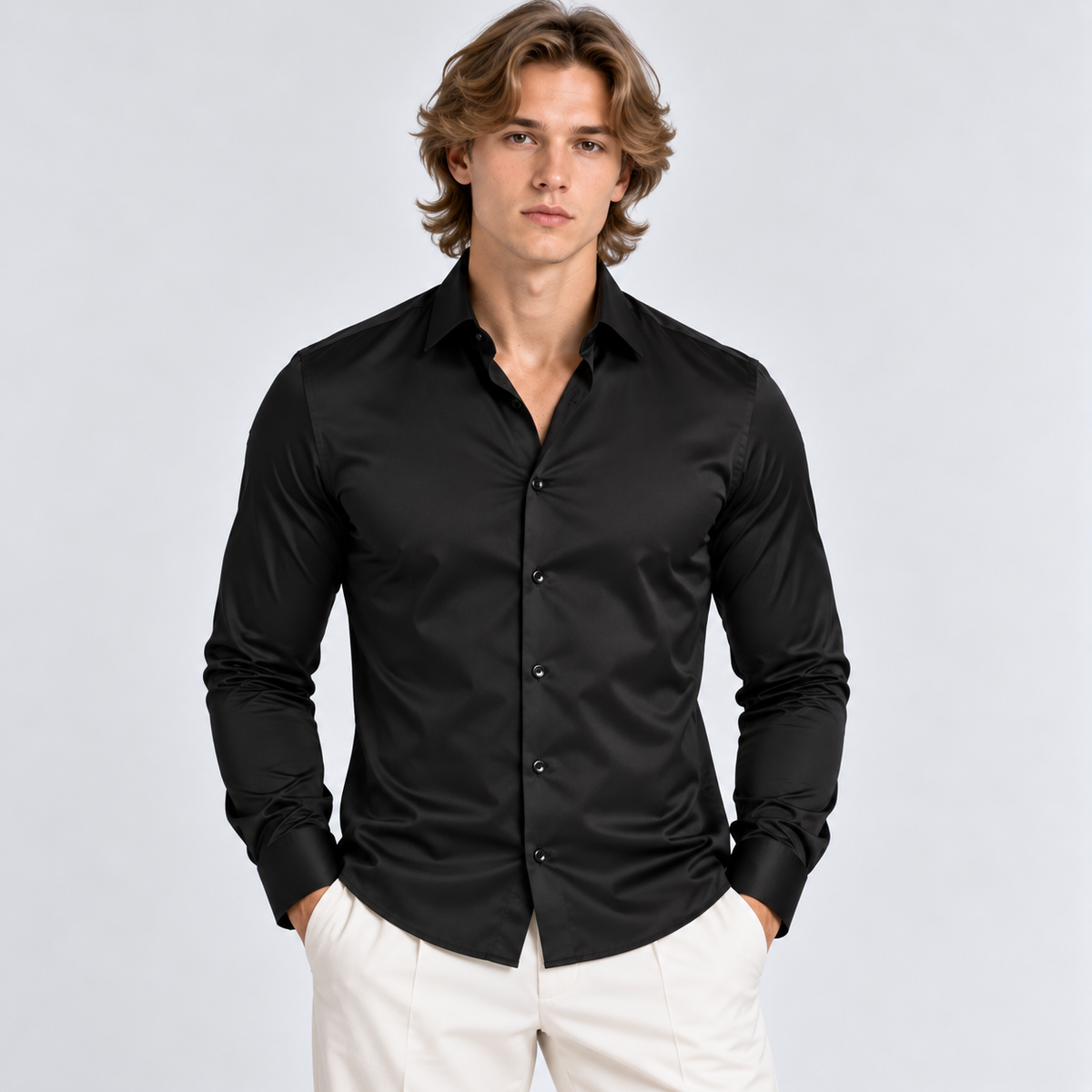 Men's black long sleeve button-down shirt with classic collar and slim fit