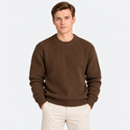 Men's brown ribbed knit crew neck sweater with long sleeves