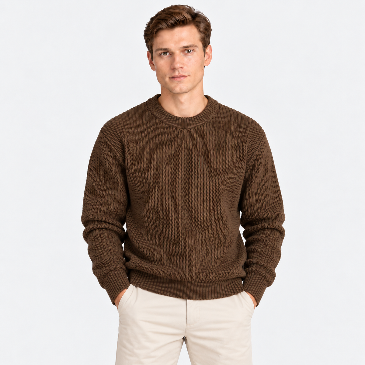 Men's brown ribbed knit crew neck sweater with long sleeves