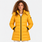 Women's mustard yellow quilted puffer coat with front zipper and side pockets