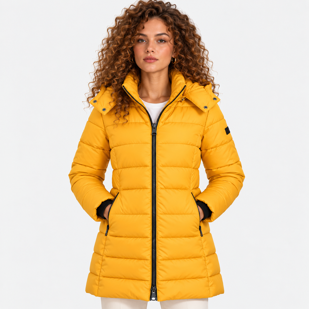 Women's mustard yellow quilted puffer coat with front zipper and side pockets