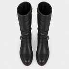Front view of women's black knee-high boots with rounded toes and chunky block heels